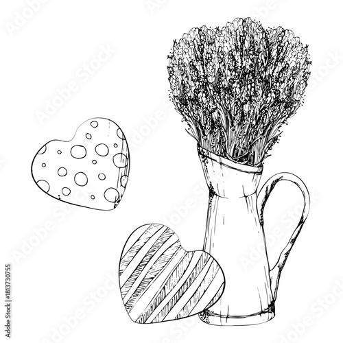 Vintage enamel jug with wild lavender bouquet, floral lavandula bunch, two striped spotted heart shapes. Isolated illustration hand drawn in vector ink. Organic gifts, perfume sets, countryside decor
