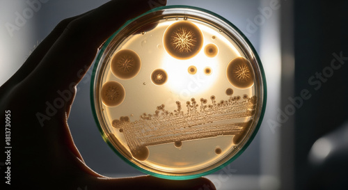 In clinical lab scientist holds petri dish with bacteria colony. Microbiology research on nutrition and growth for scientific medical discovery