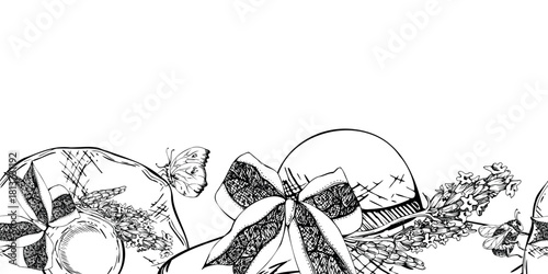 Straw sunhat with lace ribbon bow, lavandula lavender flowers. Wide brims, summer boho charm. Isolated seamless banner illustration hand drawn in vector ink. Lavender shop, farm display, greeting card