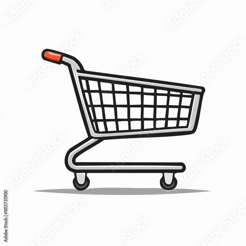 Cartoon shopping cart with orange handle and shadow on a white background trolley illustration