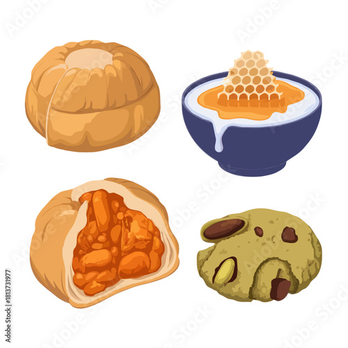 Four delicious baked goods including a sweet pastry a bowl of yogurt with honey and honeycomb a halved pastry with filling and a cookie with nuts isolated on white background
