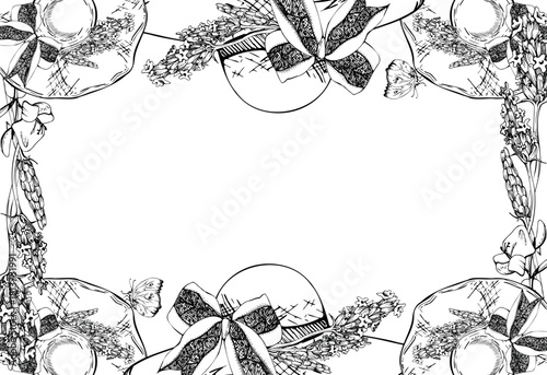 Lavender lavandula sprigs, straw sunhat with wide brim ribbon bow, butterflies bumblebees. Isolated border frame illustration hand drawn in vector ink. Cottage art, eco tag, Provence Valentine gifts
