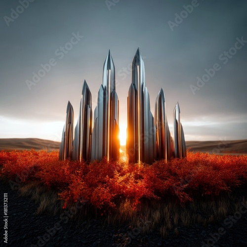 A cluster of sleek, metallic spires with pointed tops stands tall amidst a vibrant landscape of orange and red autumn foliage as the sun sets.