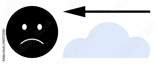 Adversity concept. Sad face icon with an arrow pointing left with a cloud in the background. Adversity s struggles, challenges, and change. For mental health, motivation, life changes, weather