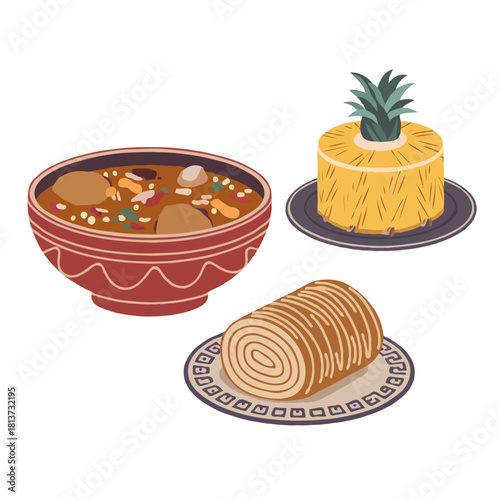 A delicious bowl of stew a sweet rolled cake and a pineapple dessert are presented together isolated on white background