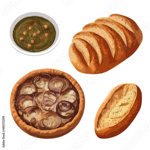 A delicious assortment of baked goods including a rustic loaf of bread a savory tart a crusty baguette and a bowl of green soup all isolated on white background