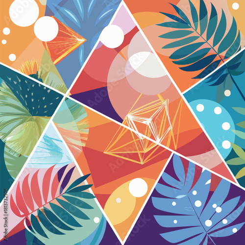 Vibrant abstract tropical foliage mosaic with geometric shapes and organic textures
