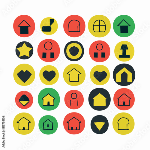 Grid of 25 circular icons with simple shapes and symbols in various colors circles
