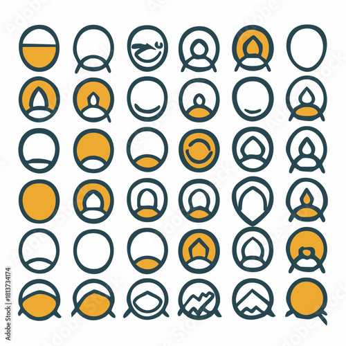 Grid of 35 circular icons with abstract human profile and facial features in yellow and dark blue symbols
