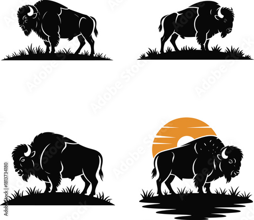 Set of Four Buffalo Silhouette Emblems: Majestic American Wildlife, Wild West, and Rustic Logo Design Vector Collection