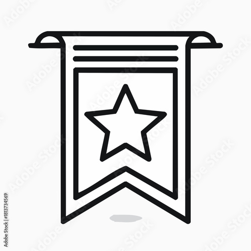 Outline Icon of a Bookmark Banner with a Star and Shadow on a White Background vector illustration