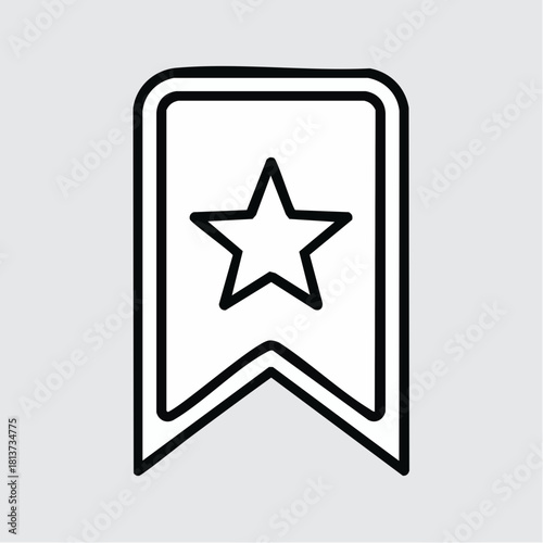 Simple Black Outline Icon of a Bookmark Banner with a Star on a Light Gray Background vector illustration