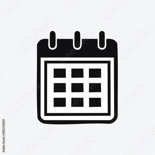 Black and white doodle style icon of a desk calendar with a grid of nine squares on a light grey background