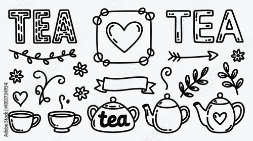 Tea Time Hand Drawn Illustration with Teapots and Cups for Design