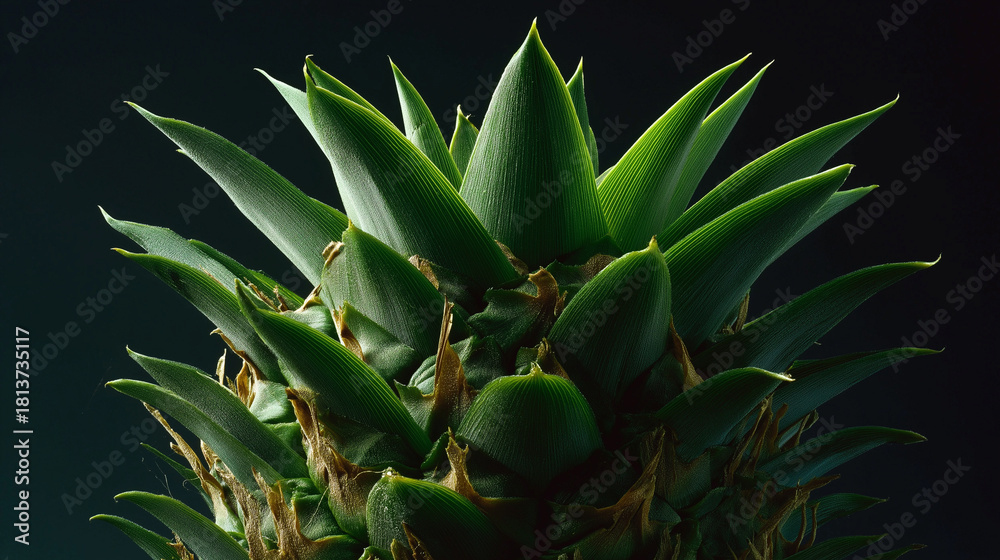Fototapeta premium Close-up shot of the top crown of a pineapple, showing sharp textured leaves, tropical green tones, dramatic directional light