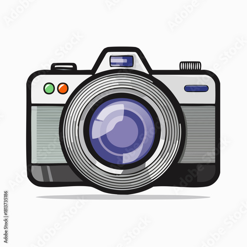 Cartoon illustration of a vintage digital camera with a large lens and colorful buttons on a white background