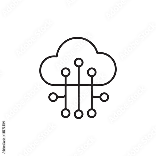 Minimal Line Art Cloud Computing Icon with Connected Data Nodes for Digital Technology, Network Systems, and IT Infrastructure
