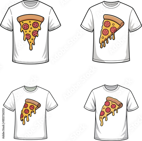 Dripping Pizza Slice Cartoon Vector Graphic on White T-shirt Mockup Template: Fast Food, Apparel Print, and Streetwear Design