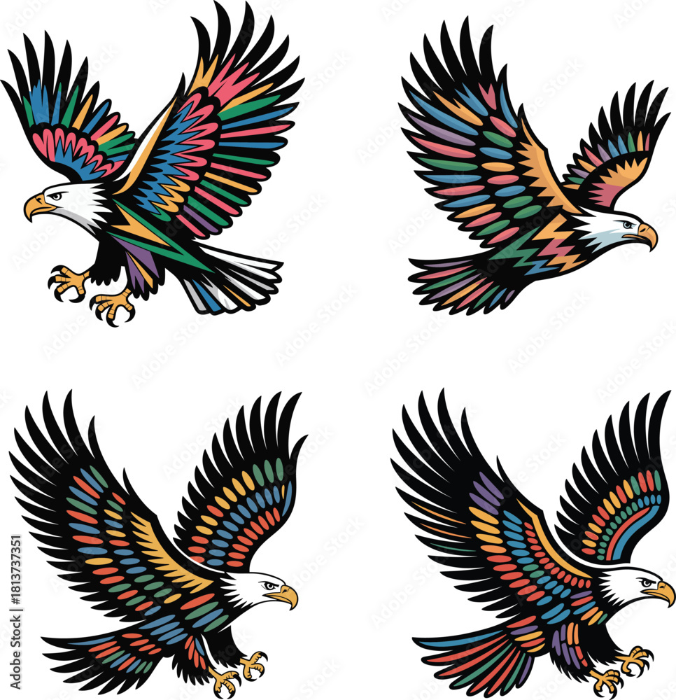 Fototapeta premium Psychedelic Multi-Colored Eagle Vector Pack: Flying Bird Mascot with Intricate Patterned and Vibrant Feathers