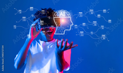 Canvas-taulu A captivating illustration showcasing the intersection of generative AI and data management, featuring a person in virtual reality engaging with digital elements and interfaces