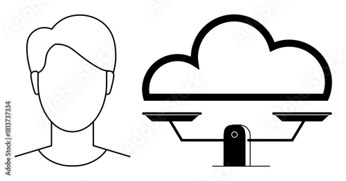 Minimalistic human outline beside a balanced scale with a cloud. Ideal for decision-making, technology, data analysis, ethics, cloud computing, balance, and privacy themes. Simple flat metaphor