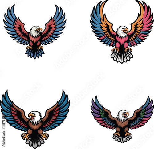 Set of Four Colorful Attacking Eagle Mascot Vector Designs with Spread Wings and Unique Color Combinations