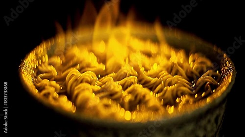 Close Up View Of Noodles In A Bowl With Intense Yellow Light And Flame Effects Creating Glow