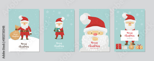 Cartoon Santa Claus standing on snow hill holding bag Christmas