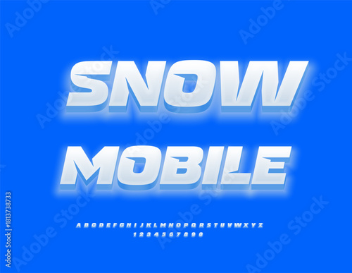 Vector Trendy icon Snow Mobile. Glowing White Font. Unique Cool Alphabet Letters and Numbers set.