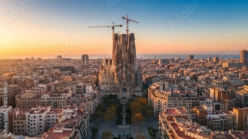 Aerial panoramic view of the Barcelona cityscape with the Sagrada Familia basilica under construction during a golden sunrise.