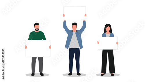Group of Three Diverse People Holding Blank White Signs and Placards Vector Illustration