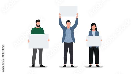 Group of Three People Holding Blank Placards and Signs for Message or Protest. Vector Illustration on White Background.