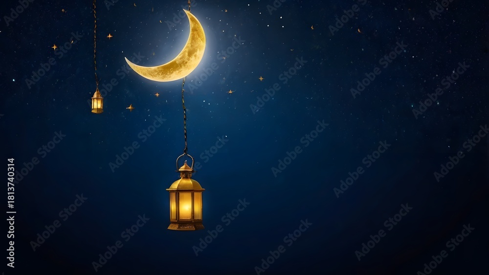 Fototapeta premium Crescent Moon & Single Lantern Night Sky