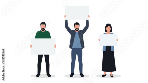Vector illustration of three people holding blank placards. Protesters or activists demonstrating with empty white signs for text or copy space.