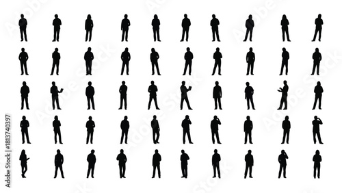 Large Collection of People Silhouettes Vector Illustration Set. Diverse Crowd Standing Figures for Architectural Plans, Graphics, and Design Elements.