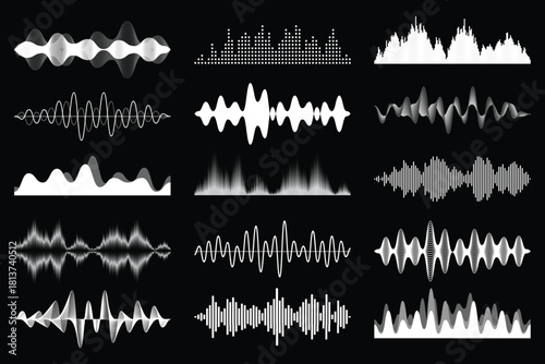 Dynamic collection of audio spectrum visualizers, displaying different sound frequencies and volumes through multiple wave styles and bar graphs on a stark black canvas