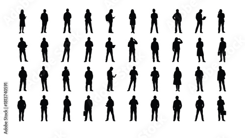 Set of 40 Standing People Silhouettes. Diverse collection of men and women figures in various poses, including using phones and laptops. Vector illustration for design projects.