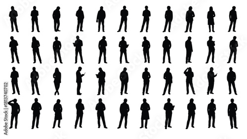 Vector People Silhouettes Set: 40 Diverse Standing Figures, Men and Women Using Smartphones, Tablets, and Laptops