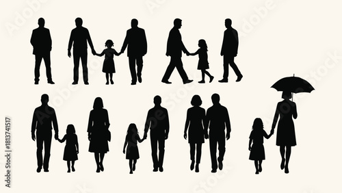 Architectural People Silhouettes Set: Men, Women, and Children Walking and Standing Vector Illustration
