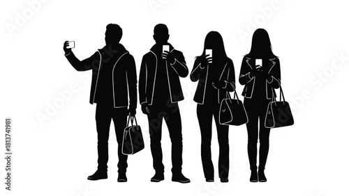Group of Young People Silhouettes Using Smartphones and Taking Selfie Vector Illustration
