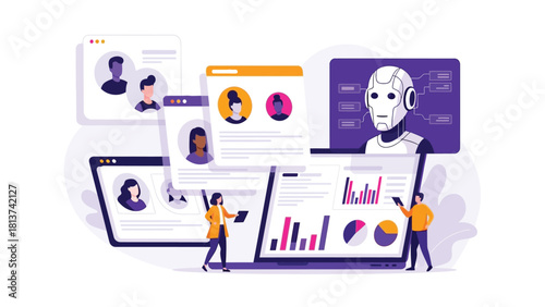 AI Customer Relationship Management and Data Analysis Vector Illustration