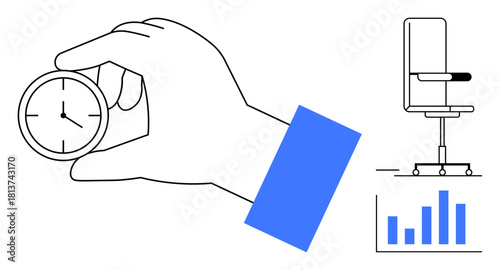 Hand holding clock beside office chair and bar chart. Ideal for productivity, workplace, time management, strategy, efficiency, career planning, performance. Simple flat metaphor