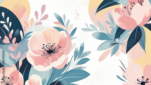 Floral design featuring soft pastel colors with abstract leaves and flowers creating a vibrant feel
