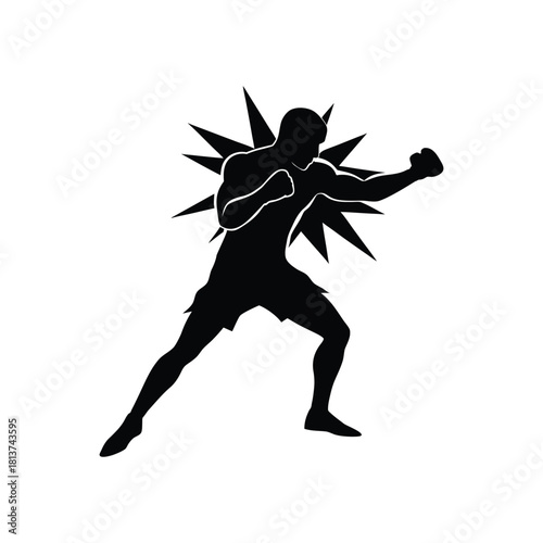 Fighter Punching Silhouette with Starburst Impact Graphic