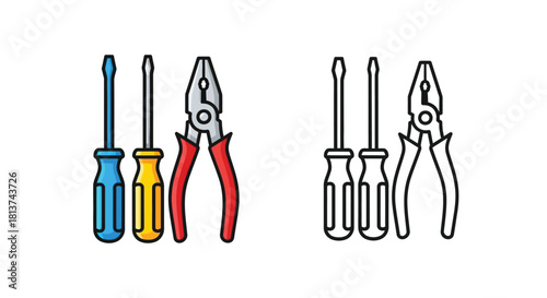 Illustration of tools: two screwdrivers and a pair of pliers.