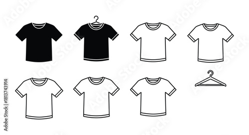 Collection of black and white t-shirt illustrations with hangers.