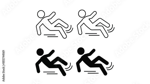 Slip and Fall Caution Icon Set. Wet Floor Hazard Symbol Vector Illustration.
