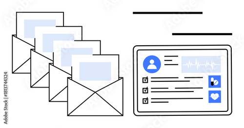Emails carrying documents alongside a tablet displaying digital health records with user profile and medical details. Ideal for technology, healthcare, efficiency, communication, data management