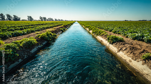 Irrigation canal flowing between agricultural fields under a clear blue sky on a sunny day