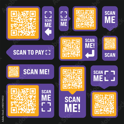 A collection of various QR code frames and "Scan Me" buttons, designed in purple and yellow/orange colors, for digital payment, information access, or promotional calls to action